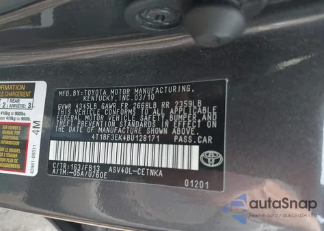 2011 Toyota Camry Le z USA, uszkodzony, nr VIN 4T1BF3EK4BU128171